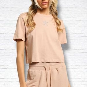 Adidas 2000 Luxe Light Pink Cropped Rhinestone Logo T-Shirt Size L
